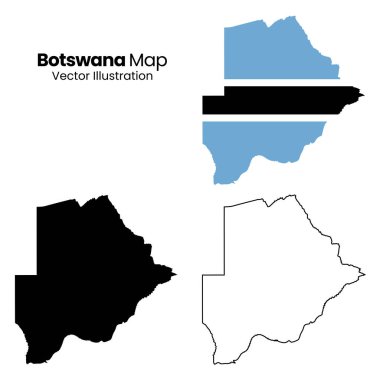Botswana haritası ve bayrak çizimleri. Botswana 'nın haritası, silueti ve bayrak kaplaması da dahil olmak üzere dört farklı görsel tasviri.