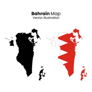 Bahreyn haritası silueti ve bayrak temsilcisi. Bahreyn 'in siyah bir siluet haritası, ulusal bayrak renkleri ve desenleriyle dolu bir Bahreyn haritasının yanında gösterilir..