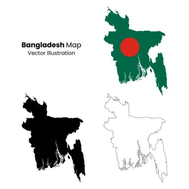 Bangladeş haritası ve bayrak çizimleri. Bangladeş 'in dört farklı temsili: bir bayrak renkli harita, bir siyah siluet ve beyaz arka planda ayrıntılı bir özet..