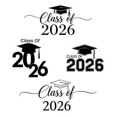 2026 mezuniyet şapkası tasarımları. '2026 Sınıfı' ve mezuniyet şapkaları içeren dört stilize grafik tasarımından oluşan bir koleksiyon..
