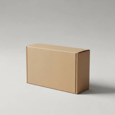 Gerçekçi kahverengi karton nakliye kutusu, kapalı, açık gri bir yüzeyde duruyor yumuşak gölgeli, ambalaj modeli için mükemmel.