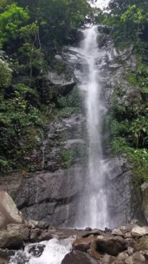 This video showcases a beautiful waterfall cascading down a rocky slope surrounded by lush green vegetation. The water flows gracefully, creating a sense of peace and tranquility in a natural