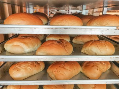 Soğutma rafında taze pişmiş parlak altın çörekler. Ev yapımı fırın yemeği tatlısı..