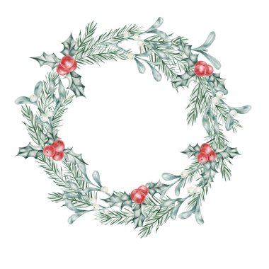 Kutsal böğürtlenli ve yemyeşil dallı çelenk, geleneksel Noel dekorasyonu, basılabilir kartlar, tekstil tasarımı ve ambalaj için el çizimi suluboya illüstrasyon
