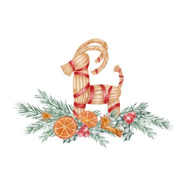 Geleneksel Noel keçisi portakallı ve çam ağacıyla çizilmiş suluboya kırpma stili İskandinav Noel kartları, şenlik dekorları ve kış sanatları tasarımı için mükemmel..