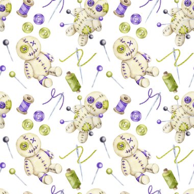 Dikilmiş vudu bebekleri, dikiş iğneleri, mor düğmeler ve sulu boya tırnak ipliği, Cadılar Bayramı parti dekorasyonu için el çizimi kusursuz desen, kumaş tasarımı, davetiyeler ve dijital yapıştırma defteri..