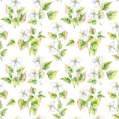 All-over seamless pattern of hand drawn watercolor clipart featuring white flowers with green and pink leaves. Excellent for textiles, wallpaper, wrapping paper, and digital scrapbooking designs