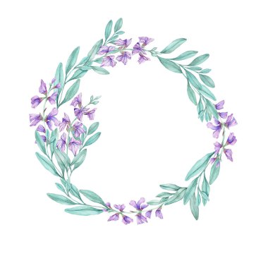 Round floral frame of purple sage flowers with teal leaves, watercolor illustration, hand drawn. Perfect for greeting cards, packaging, fabric prints, invitations, wall art, and stationery.