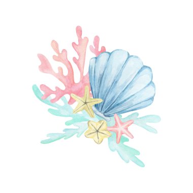 Mavi deniz kabuğu, pembe mercan, deniz yosunu ve sarı denizyıldızı el çizilmiş suluboya klipsi denizcilik kırtasiyesi, plaj düğün dekorasyonu, yaz markaları, çıkartmalar ve kıyı ürünleri tasarımı için mükemmel.