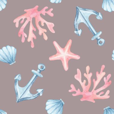 Pembe mercan, mavi çapa ve deniz kabukları bu suluboya çizimi ve el yapımı desen ev dekorasyonu, kırtasiye malzemesi, ürün ambalajı için mükemmel.