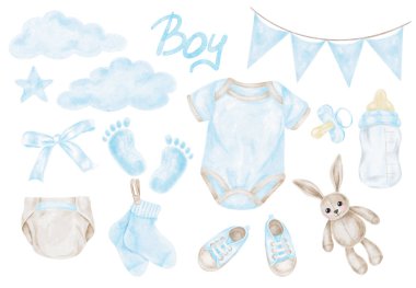 Mavi bebek takımları, ayakkabılar, çoraplar, balon, şişe ve suluboya klitoris olarak ayak izleri. El yapımı takım elbiseler planlayıcılar, davetiyeler, basılabilir dekorlar ve bebek tasarımları.
