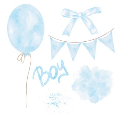 Mavi balon, afiş, fiyonk ve suluboya ile gösterilen desenli aksanlar koordine bir klişe seti oluşturur. Bu el çizimi deste cinsiyet, davetiye, parti ve bebek partisi için çalışıyor.