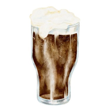 Sütlü köpüklü, izole edilmiş, suluboya bir bardakta koyu bira. İrlanda bar sanatı, Aziz Patrick Günü içki tasarımları, bar menüleri ve şenlikli alkol grafikleri için harika.