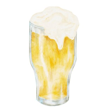 Köpüklü, izole edilmiş, elle boyanmış suluboya bir bardakta light bira. Bar illüstrasyonları, Aziz Patrick Günü içki tasarımları ve şenlikli alkol grafikleri için ideal.