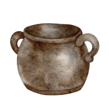 Kırsal çömlek ya da kazan, izole edilmiş, elle boyanmış suluboya klipsi. Folklor illüstrasyonları, İrlanda temaları, fantezi tasarımları ve geleneksel dekorasyon için ideal.