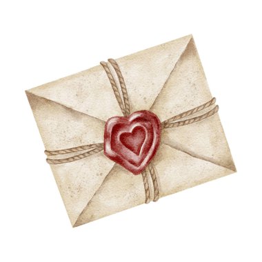 Krem rengi, kırmızı renkli, suluboya klipsli mühürlü bir zarf. Sevgililer günü kartları, düğün kağıtları, marka görselleri, hediye paketleri, planlamacılar ve romantik temalı baskı tasarımları için ideal