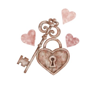 Bu suluboya bölümde kalp kilidi ve yumuşak pembe kalplere sahip kahverengi bir vintage anahtar sunuluyor, Sevgililer günü kartları, basılabilir dergiler, dekoratif etiketler, ambalaj sanat eserleri tasarlamak için uygun