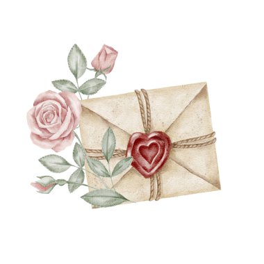 Bu suluboya bölümde mühürlü bej bir zarf beliriyor. Sevgililer Günü kırtasiyesi, düğün kartı taslakları, basılabilir setler, günlük sayfalar, markalaşma seti, ürün ambalajlama için mükemmel.