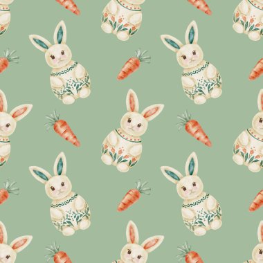 Paskalya tavşanları ve havuçlar yumuşak bilge yeşil arka plan renkleri suluboya resimleme olarak, elle çizilmiş pürüzsüz desen. Duvar kağıdı, kumaş baskısı, ambalaj kağıdı, kırtasiye malzemesi için tasarlandı.