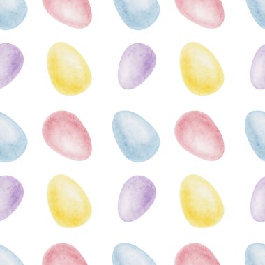 Pastel Paskalya yumurtaları sarı, mavi, yeşil ve lavanta suluboya çizimi olarak kullanılıyor, el yapımı pürüzsüz desenler. Paket kağıdı, albüm özgeçmişi, kumaş baskısı, kırtasiye malzemesi için ideal.
