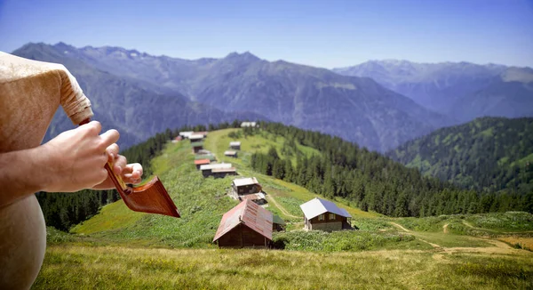 Highlands 'ta Tulum Çalan Müzisyen, Otantik Karadeniz Müziği ve Müzik Enstrümanı. Pokut 'taki sahneye karşı tulum çalan müzisyen. Dağlara karşı bir şarkı çalan müzisyen.