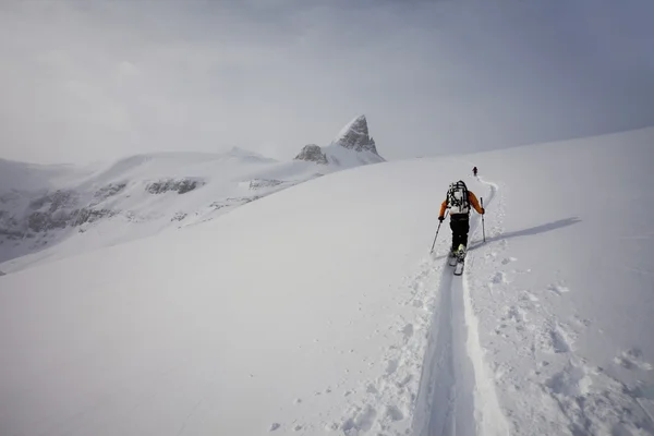 Esquiadores subiendo una cresta — Foto de Stock