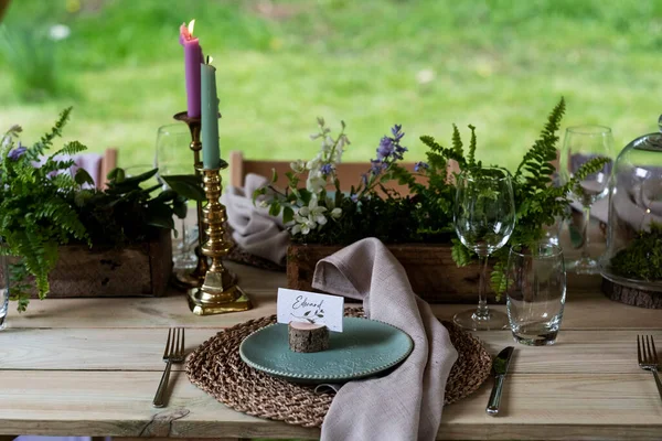 High Angle View Rustic Place Setting Woodland Naming Ceremony — Stock Photo, Image