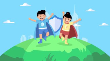 Animasyon erkek ve kız sağlık kahramanları çocukların daha temiz ve sağlıklı bir geleceğe ilham vermesi için hijyen ve sağlığını destekliyor..