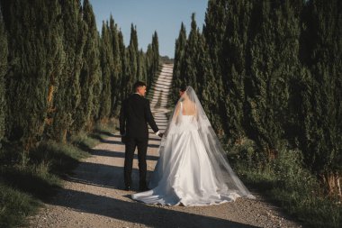 Gelin ve damat el ele yürür uzun selvi ağaçlarıyla kaplı manzaralı bir patikada. Gelinin zarif elbisesi ve duvağı büyüleyici bir romantizm ve dinginlik sahnesi yaratır..