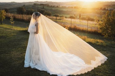 Gelin beyaz bir elbise ve duvak içinde, kırsal bir zemine karşı sıcak gün batımı ışığında zarif bir şekilde ayakta duruyor. Resim sükuneti ve zamansız zarafeti resmediyor..