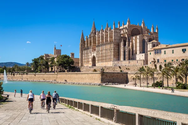 11-Mag-2016. Turisti in bicicletta vicino alla cattedrale principale di Palma di Maiorca. Isole Baleari, Spagna — Foto Stock