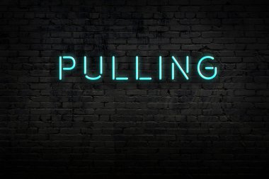 Üzerinde yazı olan tuğla duvardaki neon ışıklarının gece görüşü