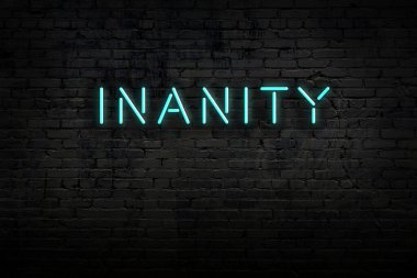 Neon işareti. Tuğla duvara karşı anlamsız sözler. Gece görünümü