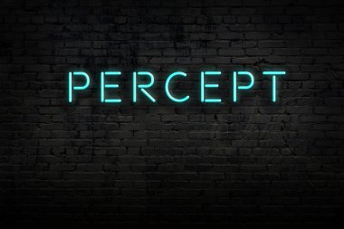 Neon işareti. Kelimeler tuğla duvara karşı. Gece görünümü