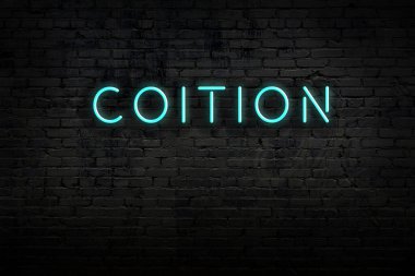 Neon işareti. Kelimeler tuğla duvara karşı birleşiyor. Gece görünümü