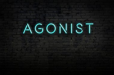 Neon işareti. Kelime agonisti duvara karşı. Gece görünümü