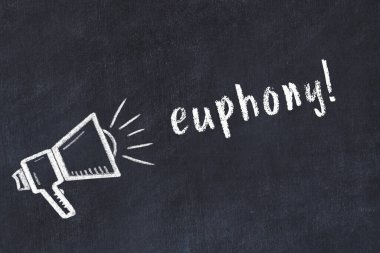 Hoparlörün tebeşir çizimi ve siyah masanın üzerine el yazısıyla yazılmış bir tezahürat.