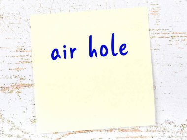 Tahta duvarda el yazısıyla yazılmış hava deliği olan sarı yapışkan bir not.