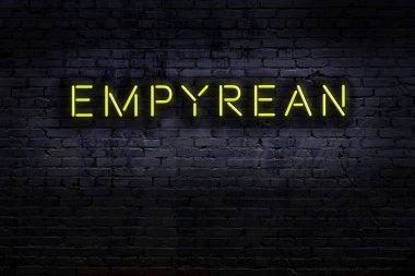 Duvarda yazıtlar olan neon tabela. Gece görünümü