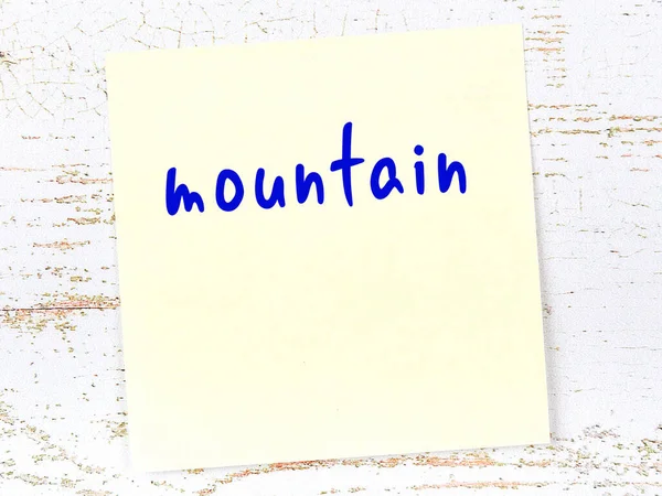 Yellow Sticky Note Wooden Wall Handwritten Inscription Mountain — Stock Photo, Image