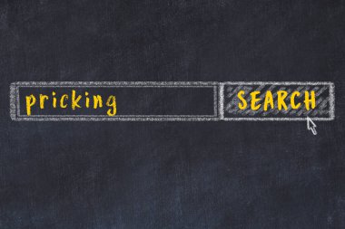 İğne aramanın konsepti. Arama motorunun tebeşir çizimi ve tahtadan yapılmış yazı tahtası