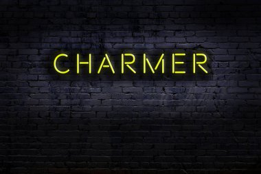 Duvara yazı yazma büyüsü çizilmiş neon levhası. Gece görünümü