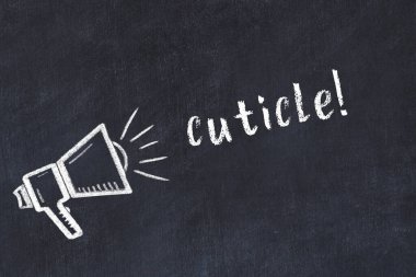 Hoparlörün tebeşir çizimi ve siyah masanın üzerine el yazısı tırnak eti.