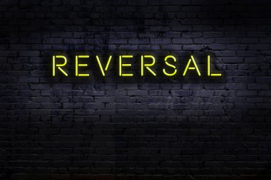 Tuğla duvara karşı yazı ters çevrilmiş neon tabela. Gece görünümü