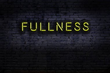 Tuğla duvara karşı yazıtlarla dolu neon tabela. Gece görünümü