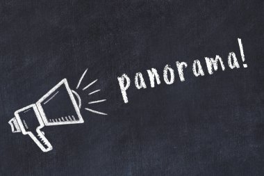 Hoparlör çizimi ve yazı panoraması olan siyah karatahta