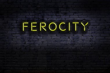 Tuğla duvara karşı yazıt gaddarlığı olan neon tabela. Gece görünümü