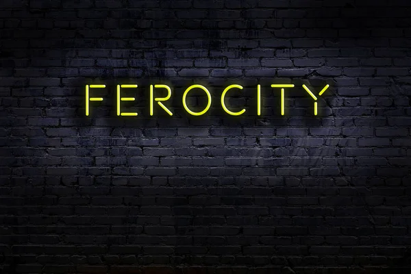 Tuğla duvara karşı yazıt gaddarlığı olan neon tabela. Gece görünümü