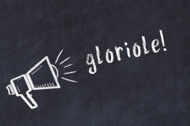 Üzerinde hoparlör ve yazı olan siyah karatahta.