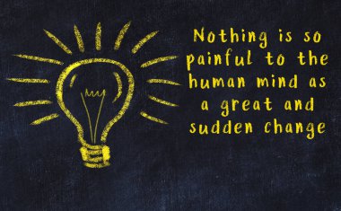 Bilgece bir alıntı ve siyah karatahtaya bir ampul çizimi